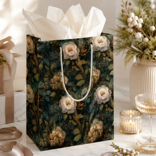Sacola Para Presentes Média Luxuoso Natal Inverno Verde e Floral Creme