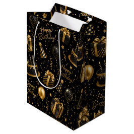 Sacola Para Presentes Média Luxuoso Preto e Dourado Feliz Aniversário