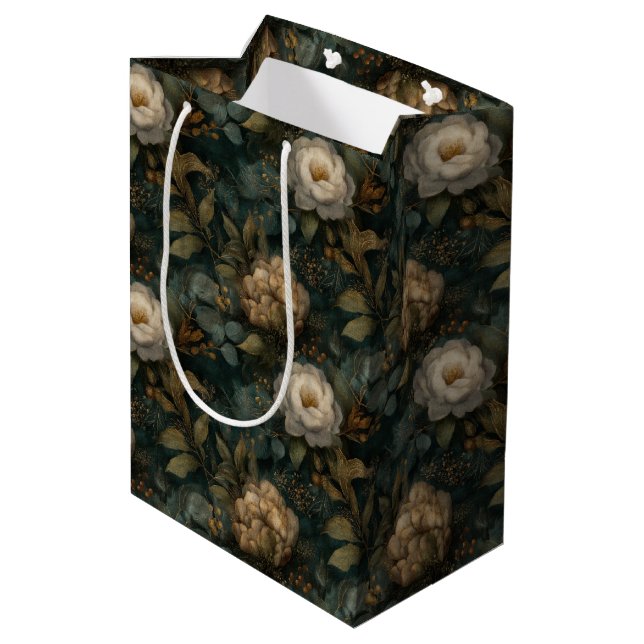 Sacola Para Presentes Média Luxury Christmas Winter Green and Cream Floral (Verso inclinado)