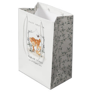 Sacola Para Presentes Média Mãe Elegante Deer Fawn Floral Crest Chá de fraldas