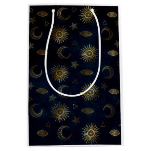 Sacola Para Presentes Média Magia Dourada Sol-Lua Estrelas Azul Escuro