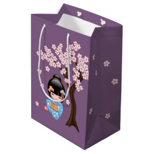 Sacola Para Presentes Média Maiko Kokeshi Doll Blue Kimono Geisha Girl Purple