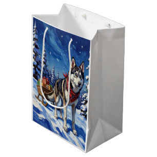 Sacola Para Presentes Média Majestoso Husky Siberiano Puxando Trenó de Natal