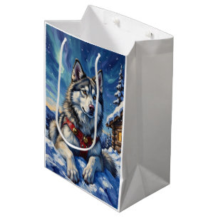 Sacola Para Presentes Média Malamute do Alasca Natal Polo Norte Inverno