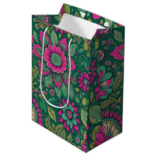 Sacola Para Presentes Média Mandalas de Flores em flor rosa verde