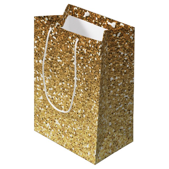 Sacola Para Presentes Média Mânre de Glitter de Faux Dourado (Frente inclinada)