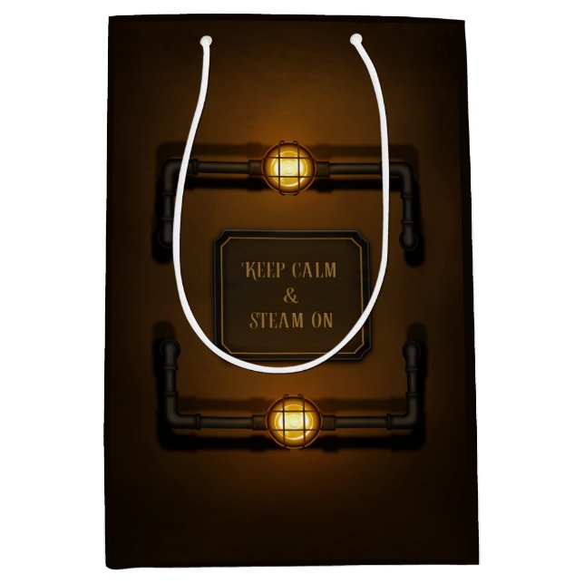 Sacola Para Presentes Média "Mantenha Calma e Vapor", Steampunk, Idade da Máqu (Frente)