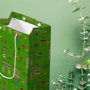 Sacola Para Presentes Média Mão Desenhada de Paris em Verde