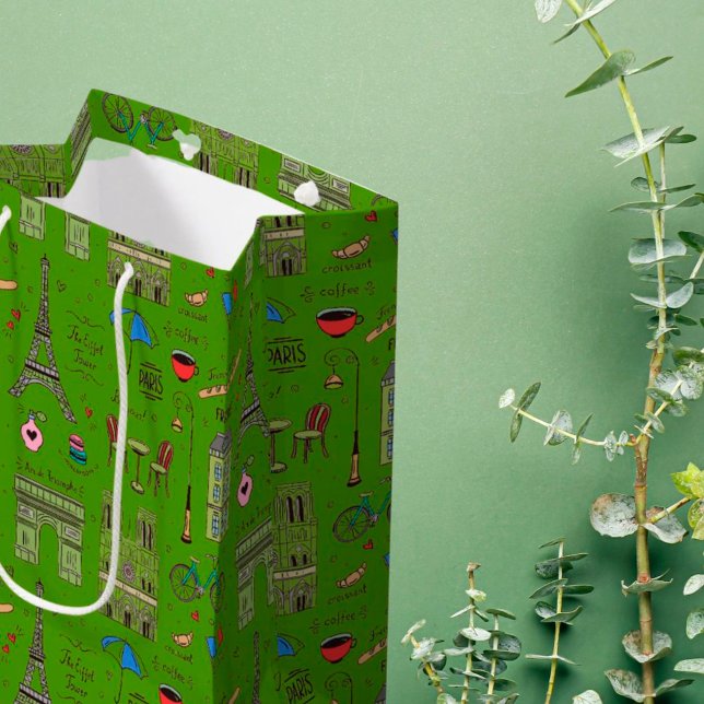 Sacola Para Presentes Média Mão Desenhada de Paris em Verde (Criador carregado)