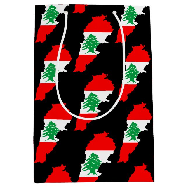 Sacola Para Presentes Média Mapa do Líbano com Bandeira (Frente)