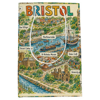 Sacola Para Presentes Média Mapa Ilustrado de Pontos Turísticos de Bristol
