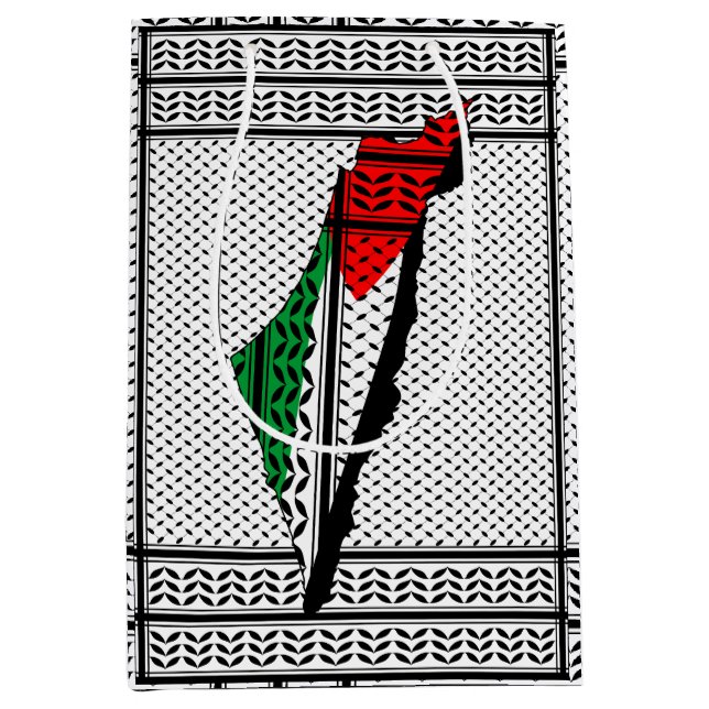 Sacola Para Presentes Média Mapa Palestino que Bandeira e Padrão Keffiyeg (Frente)