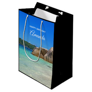 Sacola Para Presentes Média Mar Tropical Cênico com um Aniversário de Praia Ro
