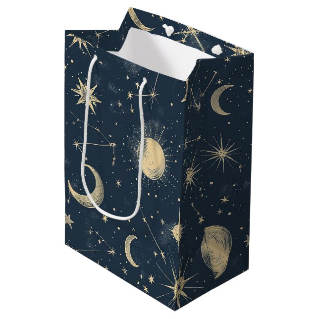 Sacola Para Presentes Média Marfim Antigo Mapa Celestial da Lua Estrela Azul-M (Frente inclinada)