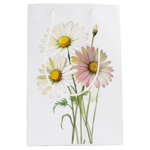 Sacola Para Presentes Média Margarida Aquarela Flor Moderna Profissional