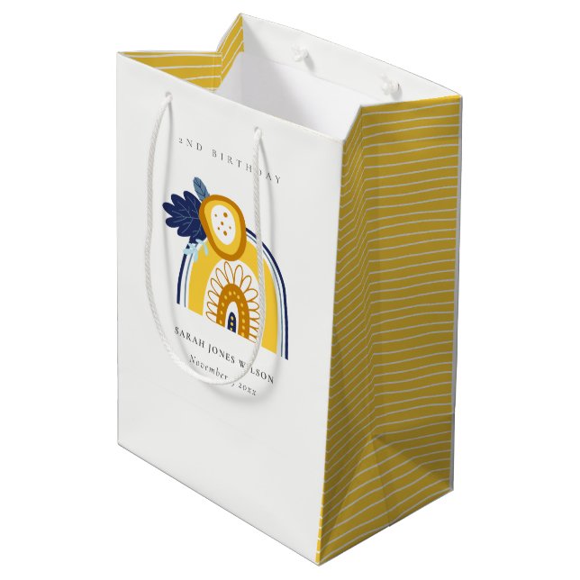 Sacola Para Presentes Média Marinho Amarelo Boho Arco Floral Qualquer Idade An (Verso inclinado)