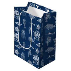 Sacola Para Presentes Média Marinho Azul Aquarela Oceanos Marinhos