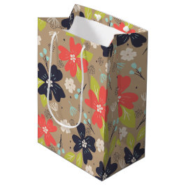 Sacola Para Presentes Média Marinho Branco de Poinsettia de Natal desenhado