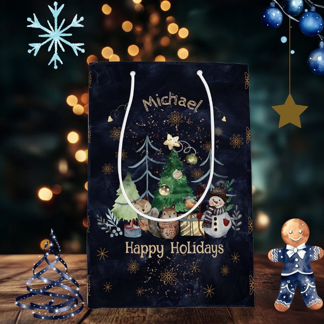 Sacola Para Presentes Média Marinho de Natal de Woodland (Woodland Animals Christmas Blue Medium Gift Bag)