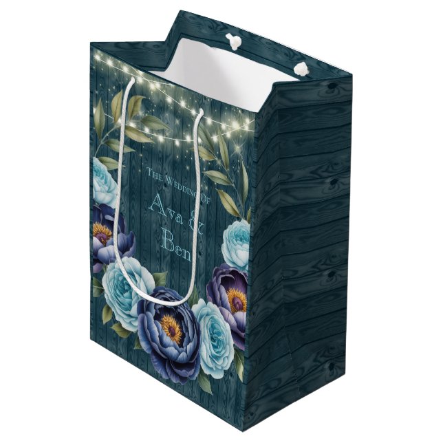 Sacola Para Presentes Média Marinho e Casamento Luz Rosa de Turquesa (Frente inclinada)