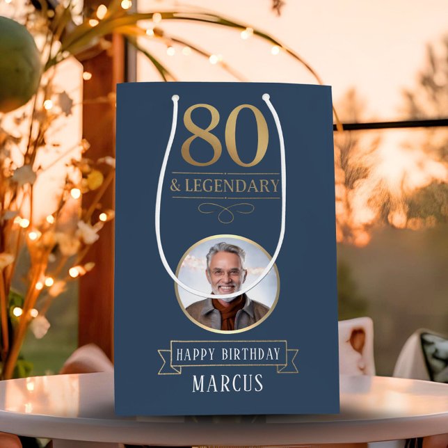 Sacola Para Presentes Média Marinho Elegante e 80 Dourado e aniversário lendár (Criador carregado)