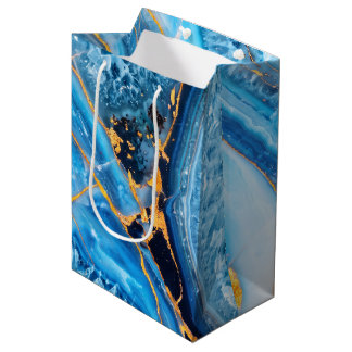 Sacola Para Presentes Média Mármore Azul e Dourado
