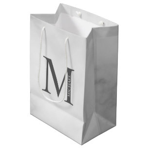 Sacola Para Presentes Média Mármore Branco Monograma e Nome Personalizados