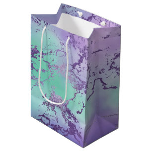 Sacola Para Presentes Média Mármore Chic Lavanda Roxo e Verde Musgo