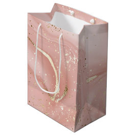 Sacola Para Presentes Média Mármore Rosa Bege com Glitter Dourado Padrão Abstr