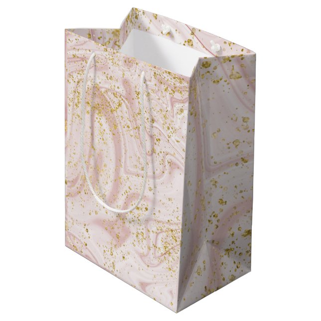 Sacola Para Presentes Média Mármore Rosa e Branco com Brilho Dourado (Verso inclinado)