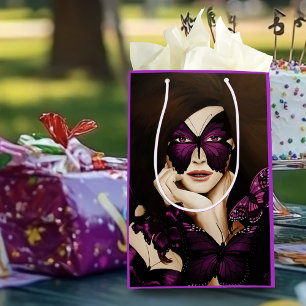 Sacola Para Presentes Média Máscara de Borboleta Roxa Mulher Fantasia Elegante