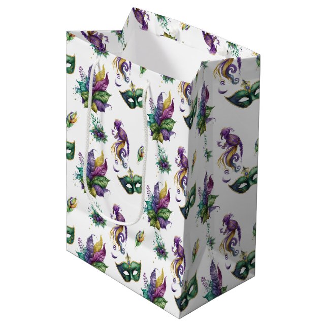 SACOLA PARA PRESENTES MÉDIA MÁSCARAS E PENAS DE GRÁFICOS MARDI DOURADOS, PURPA (Frente inclinada)