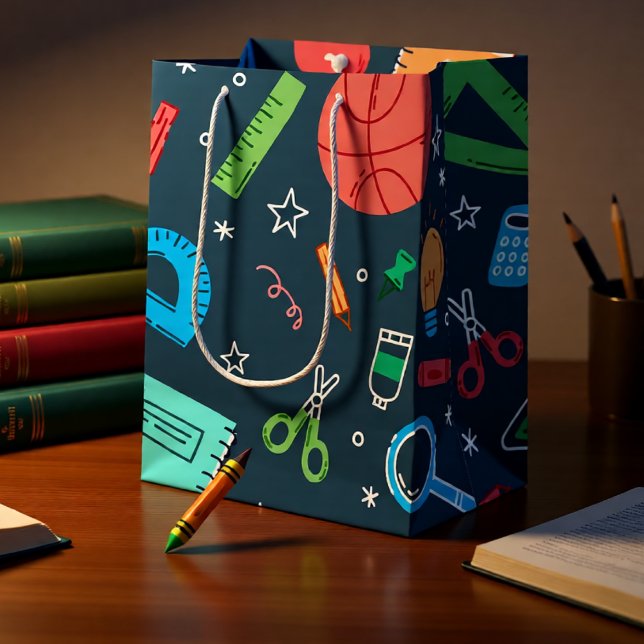 Sacola Para Presentes Média Material escolar azul de volta às aulas (Back to School Blue School Supplies Pattern Medium Gift Bag)