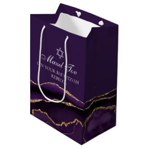 Sacola Para Presentes Média Mazel Tov Purple Dourado Personalizado Bat Mitzvah