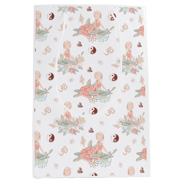 Sacola Para Presentes Média Meditação de Zen Yoga Cute Lotus Namaste (Frente)