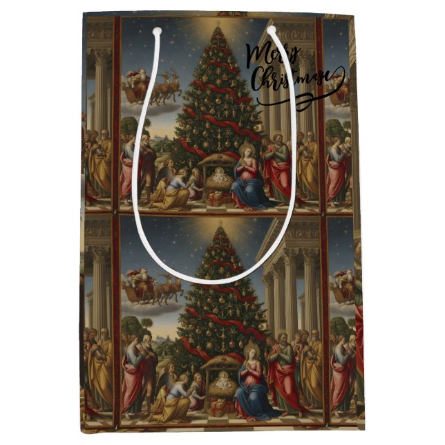Sacola Para Presentes Média Medium Nativity Santa Christmas Gift Bag (Frente)