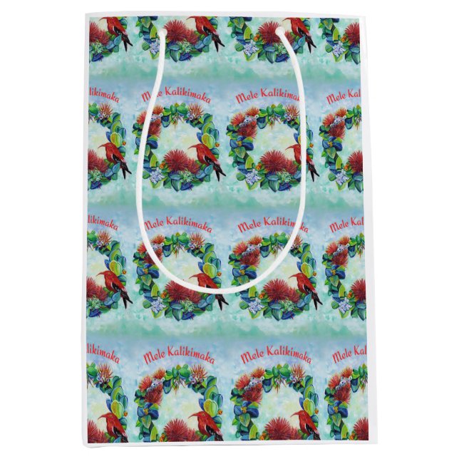 Sacola Para Presentes Média Mele Kalikimaka Havaiian Wreath (Frente)