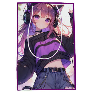 Sacola Para Presentes Média Menina Bonita de Anime com Fones de Ouvido de Aniv