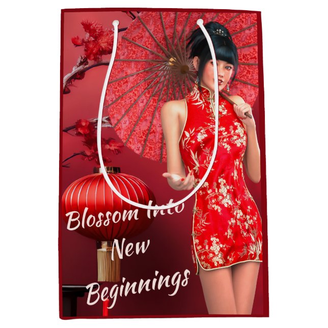 Sacola Para Presentes Média Menina chinesa de ano novo com guarda-chuva vermel (Frente)