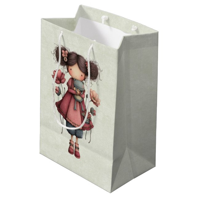 Sacola Para Presentes Média Menina com Boneca de Sapo Fofo Fantasioso (Verso inclinado)
