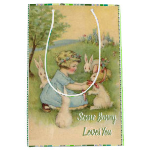 Sacola Para Presentes Média Menina com Bunnies Brancos, Feriado de Páscoa