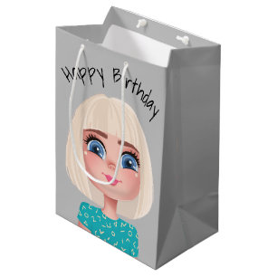 Sacola Para Presentes Média Menina de Aniversário de Desenho Animado em Cinza