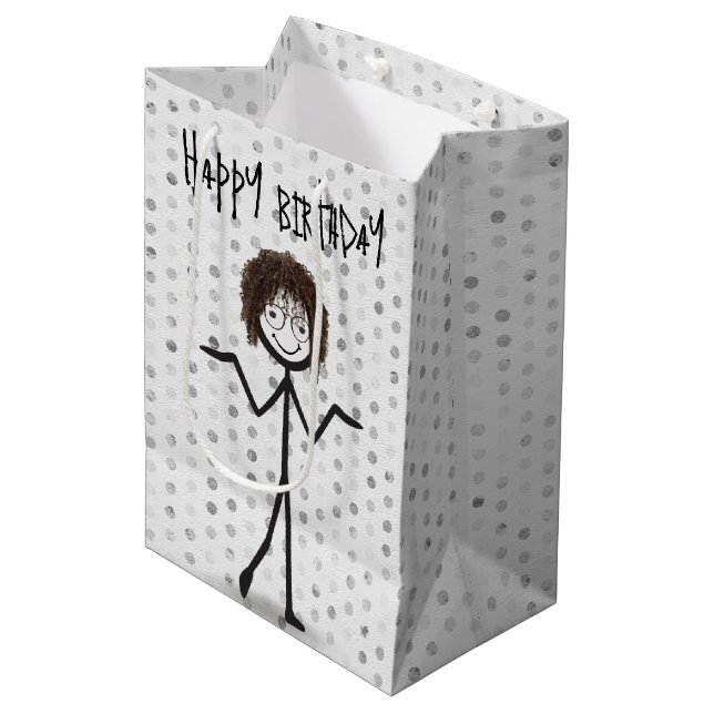 Sacola Para Presentes Média Menina de palito de aniversário com cabelo e óculo (Frente inclinada)
