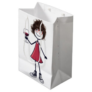 Sacola Para Presentes Média Menina de palito de aniversário com vinho tinto