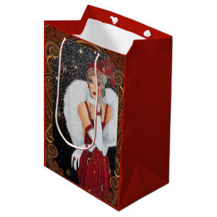Sacola Para Presentes Média Menina Flapper de Natal Céu Noturno Estrelado