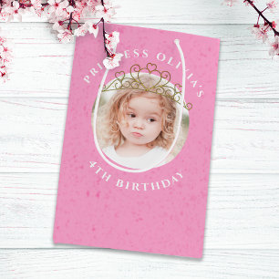 Sacola Para Presentes Média Menina rosa e branca de aniversário Princesa Tiara
