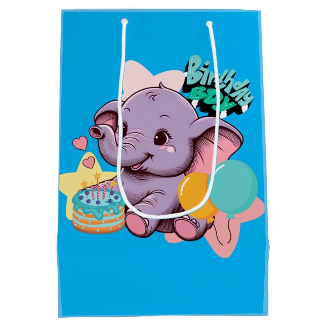 Sacola Para Presentes Média Menino Elefante Bonito Aniversário (Verso)