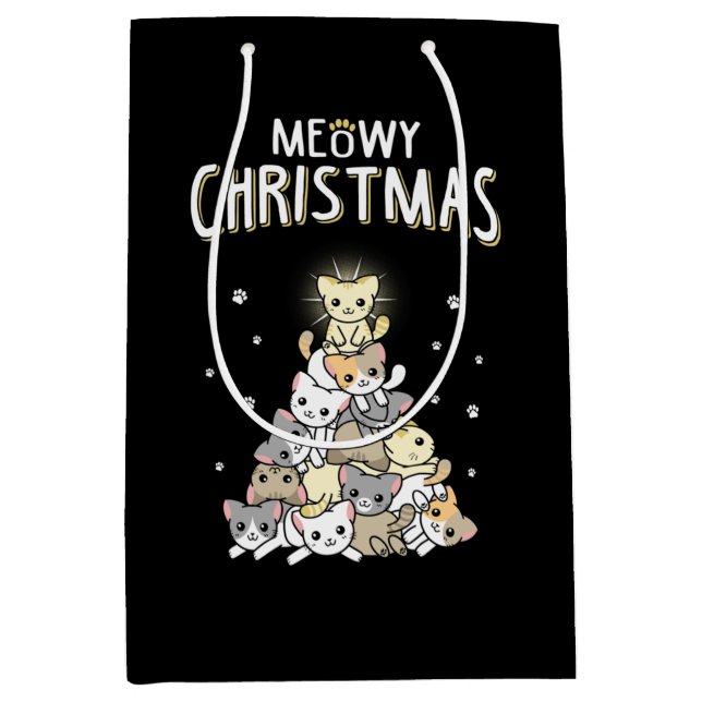 Sacola Para Presentes Média Meowy Christmas Classic Merry Christmas (Frente)