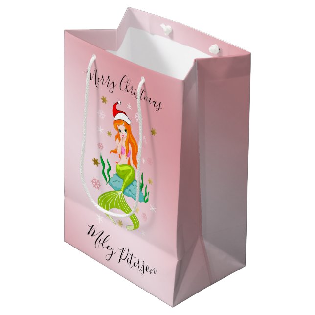 Sacola Para Presentes Média Mereia Natal e flocos de neve ouro personalizados (Frente inclinada)