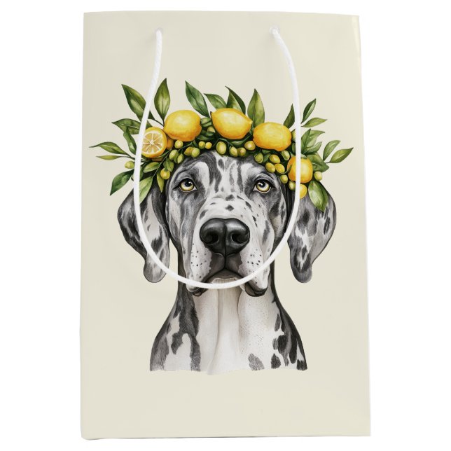 Sacola Para Presentes Média Merle Great Dane Dog Lemon Crown (Frente)